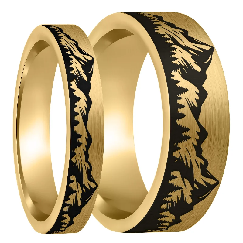 Rings For Timeless Wearers-Mountain Range Forest Brushed Gold Tungsten Couple's Matching Wedding Band Set