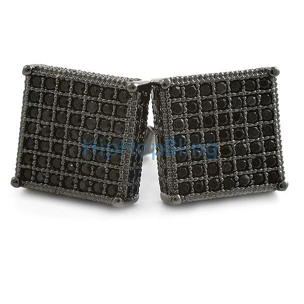 Earrings With Tight Locks-3D XL Box Black CZ Micro Pave Hip Hop Earrings