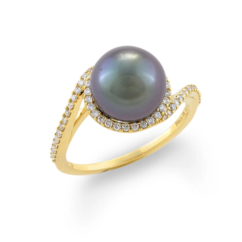 Rings For Personal Spark-Halo Bypass Tahitian Black Pearl Ring in Gold with Diamonds - 9-10mm