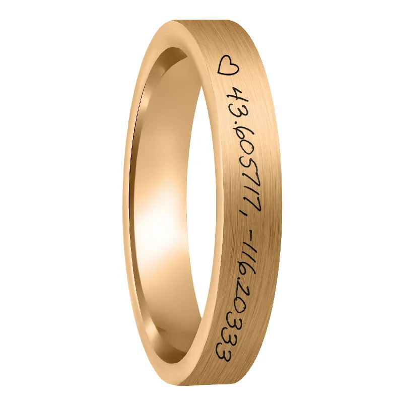 Rings For Mountain Treks-Custom Handwritten Coordinates Brushed Rose Gold Tungsten Women's Ring