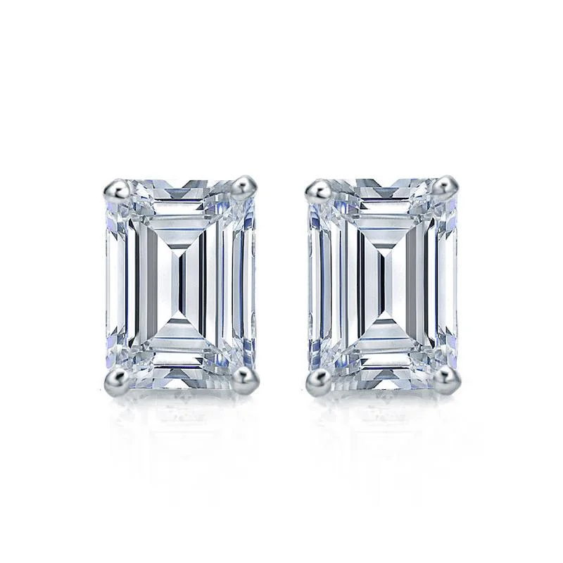 Low Craft Earrings-Emerald Cut Moissanite VVS D Stud Earrings .925 Sterling Silver