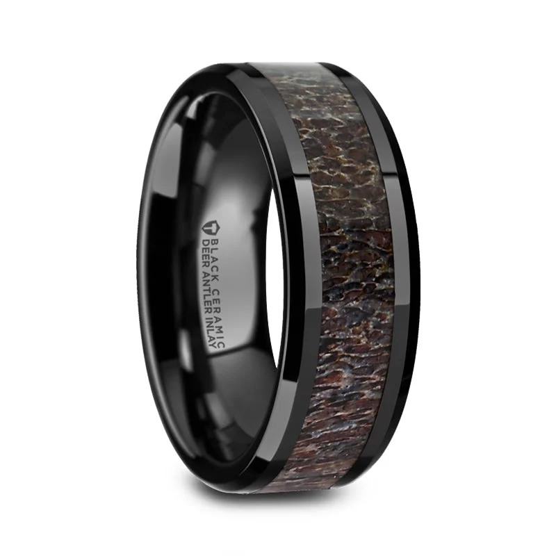 Rings For Compact Hands-Black Ceramic Men's Wedding Band with Dark Brown Antler Inlay