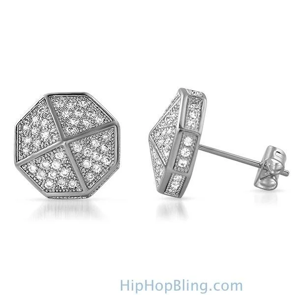 Earrings With Moon Shapes-3D Pointed Octagon Rhodium CZ Hip Hop Earrings