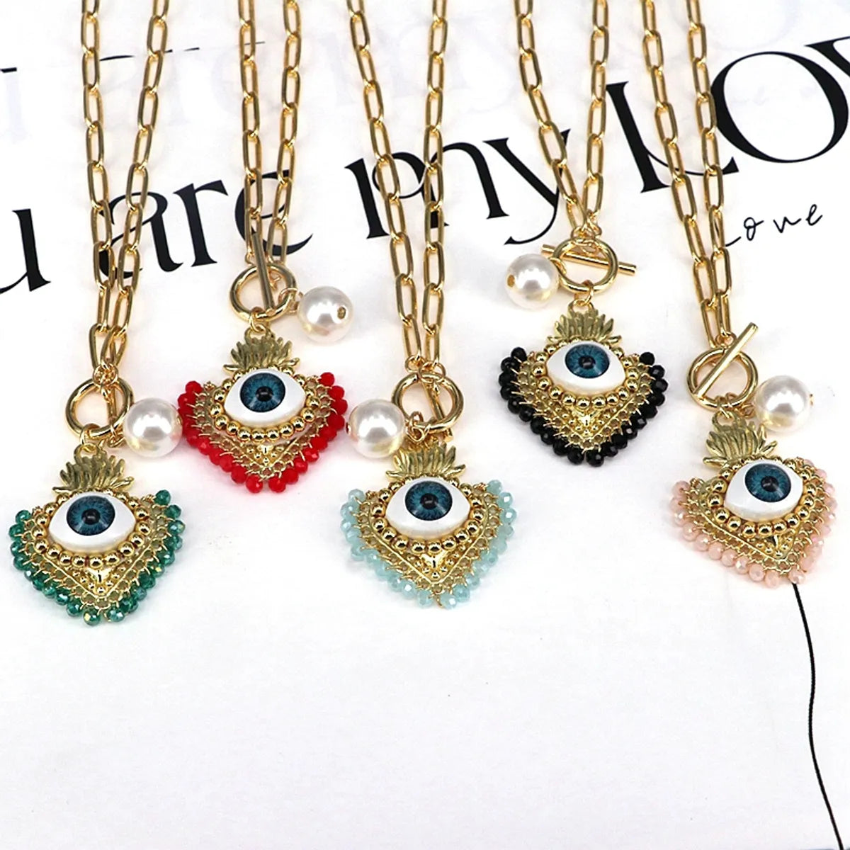 Best Grab Necklaces-Copper 18K Gold Plated Beaded Crystal Pearl Heart Shape Eye Pendant Necklace