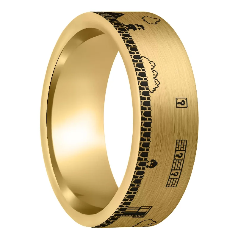 Rings Shimmer Hacks-Super Mario Bros Brushed Gold Tungsten Men's Wedding Band