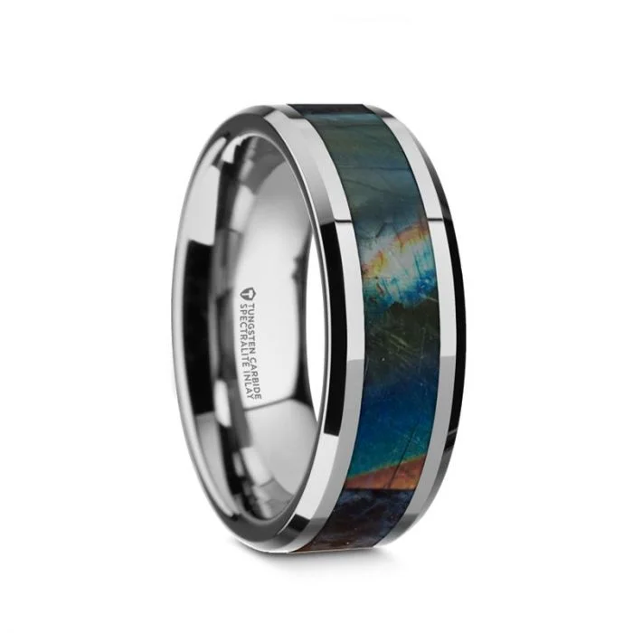 Rings For Chunky Pendants-Tungsten Men's Wedding Band with Spectrolite Inlay