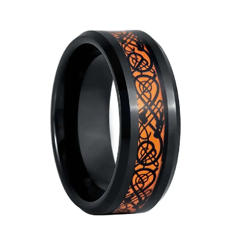 Rings With Ombre Effects-Orange Celtic Dragon Inlay Black Tungsten Men's Wedding Band