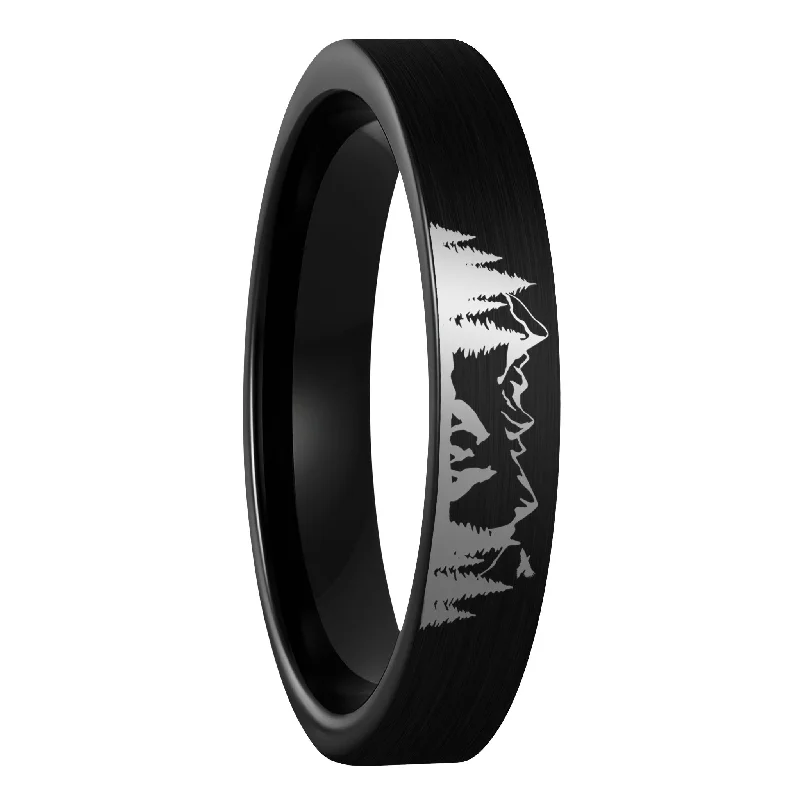 Rings For Bustling Scenes-Wolf Landscape Scene Brushed Black Tungsten Women's Wedding Band