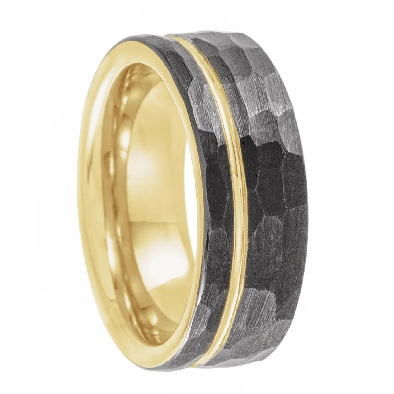 Rings For Bustling Scenes-Hammered Tungsten Men's Wedding Band with Gold Groove & Interior