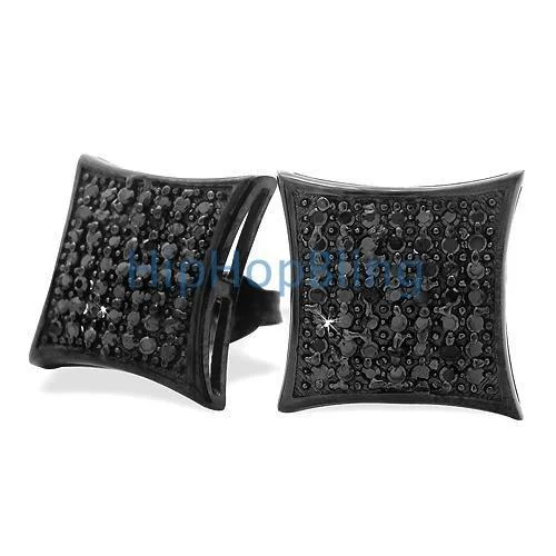 Best High Earrings-All Black Large Puffed Kite CZ Micro Pave Earrings .925 Silver