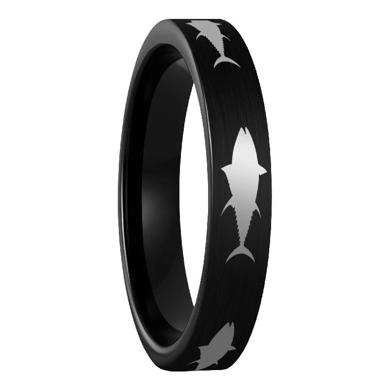 Rings For Early Teens-Yellowfin Tuna Fish Brushed Black Tungsten Women's Wedding Band