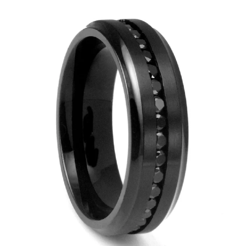 Rings For Low Knuckles-Black Titanium Wedding Band with Black Cubic Zirconia