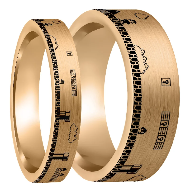 Rings For Tousled Waves-Super Mario Bros Brushed Rose Gold Tungsten Couple's Matching Wedding Band Set