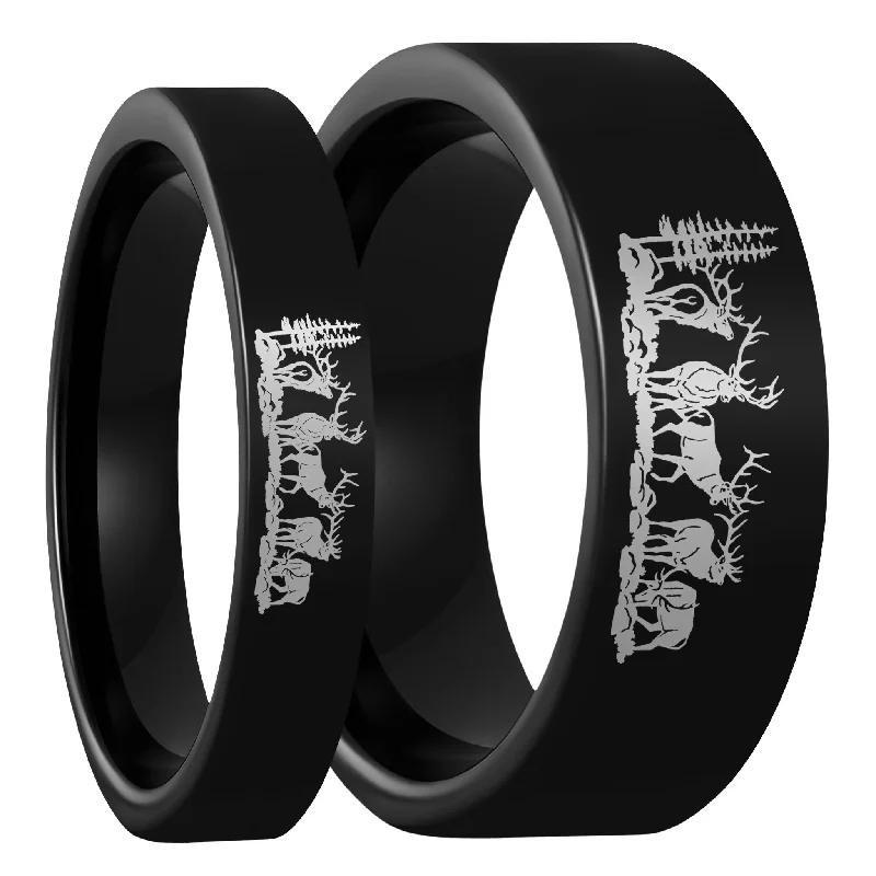 Rings For Coastal Evenings-Bull Elk Black Tungsten Couple's Matching Wedding Band Set