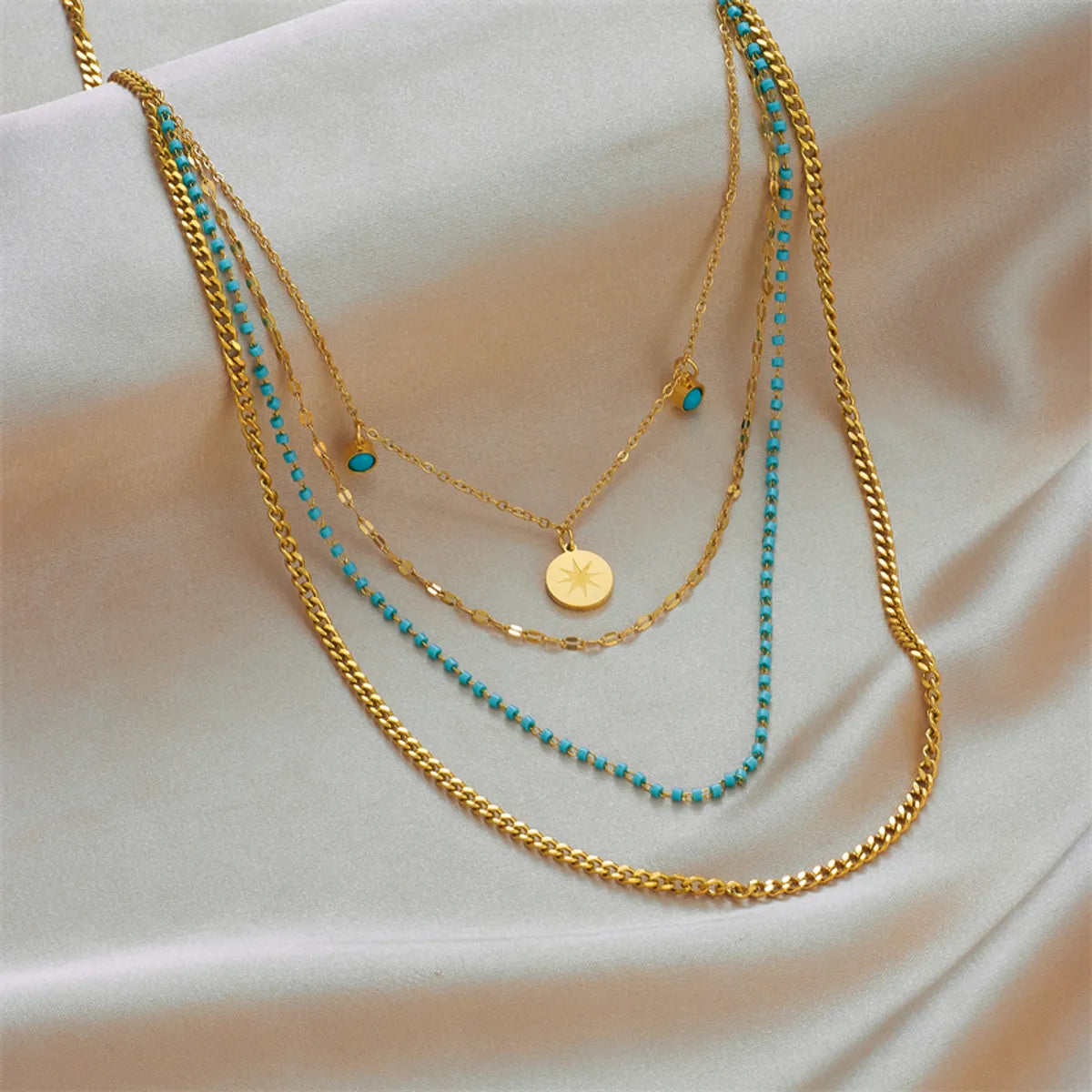 Hefty Necklaces For Boldness-Vintage Style Geometric Stainless Steel Gold Plated Turquoise Layered Necklaces