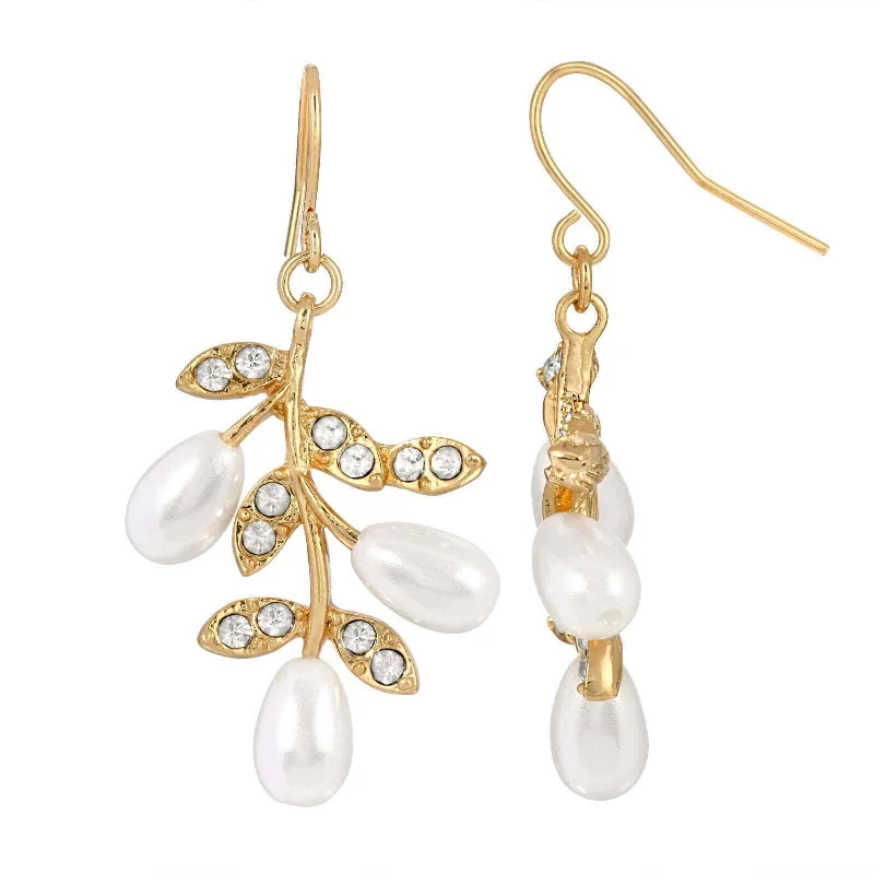 Bitty Earrings For Subtlety-1928 Jewelry Crystal And Faux Pearl Leaf Drop Earrings