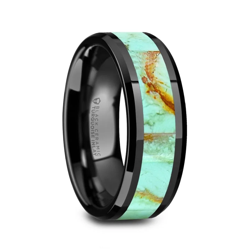 Edgy Rings For Freshness-Black Ceramic Men's Wedding Band with Turquoise Stone Inlay