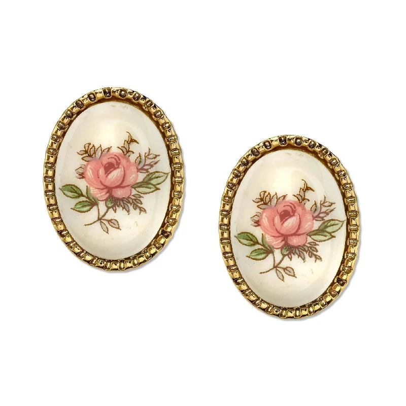 Best Beam Earrings-1928 Jewelry Ivory Color With Floral Decal Oval Button Earrings