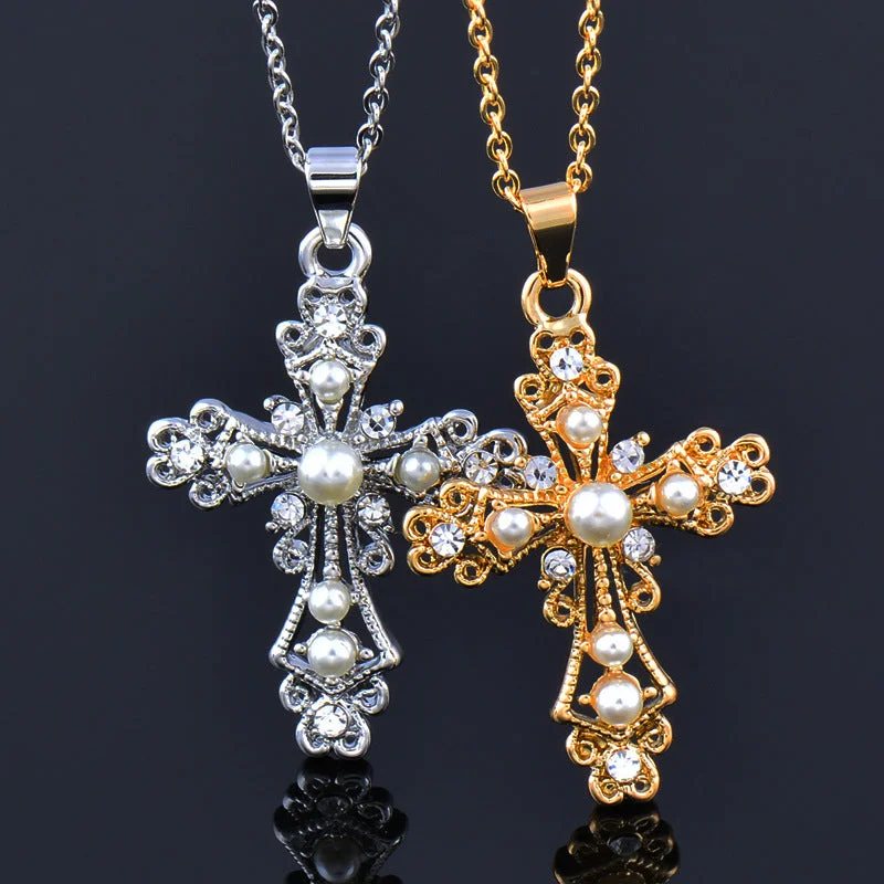 Necklaces Build Rating-Simple Style Cross Titanium Steel Gold Plated Inlay Rhinestones Pearl Pendant Necklace 1 Piece