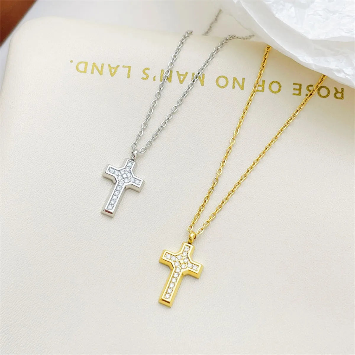 Necklaces For Fine Links-Simple Style Commute Cross Stainless Steel White Gold Plated Gold Plated Zircon Pendant Necklace In Bulk