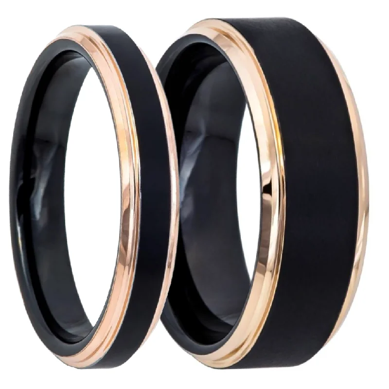 Rings For Headband Accents-Brushed Black Tungsten Couple's Matching Wedding Band Set with Stepped Rose Gold Edges