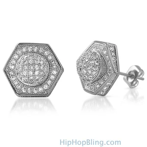 Earrings Fresh Picks-3D Domed Hexagon Rhodium CZ Hip Hop Earrings