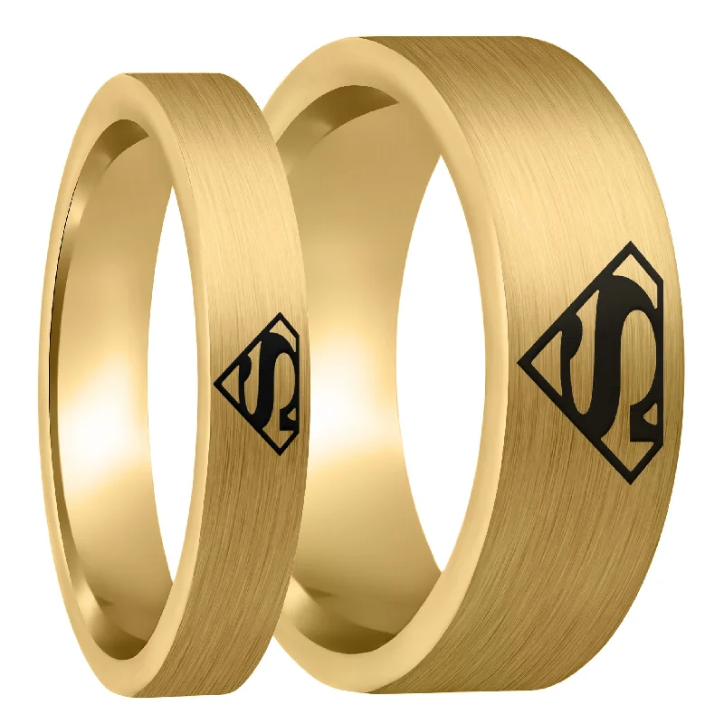 Rings For Naked Shine-Superman Brushed Gold Tungsten Couple's Matching Wedding Band Set