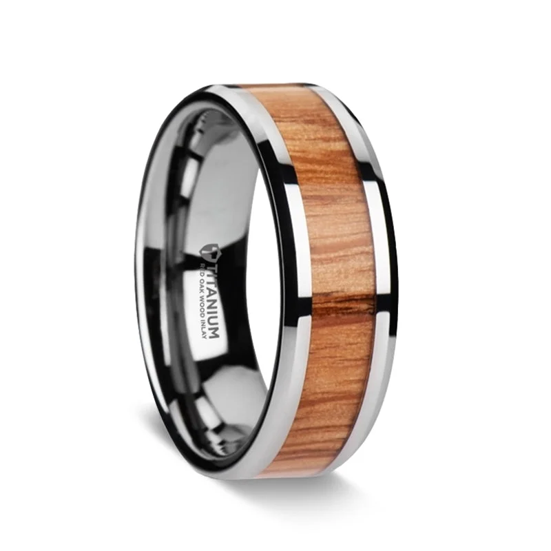 Rings Endurance Tips-Titanium Men's Wedding Band with Red Oak Wood Inlay