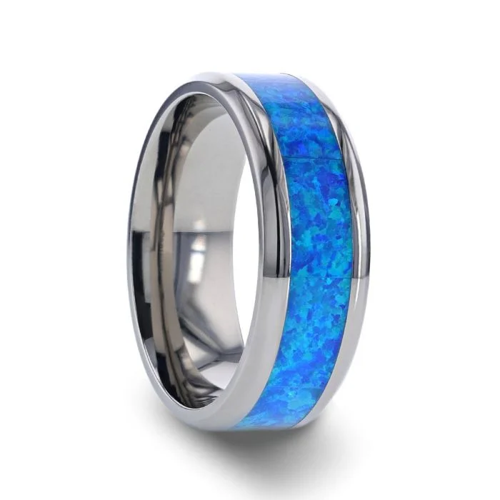 Rings For Layered Locks-Titanium Men's Wedding Band with Blue Green Opal Inlay