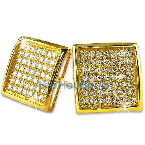 Earrings For Thick Days-XL Deep Dish Box Gold Vermeil CZ Iced Out Micro Pave Earrings .925 Silver