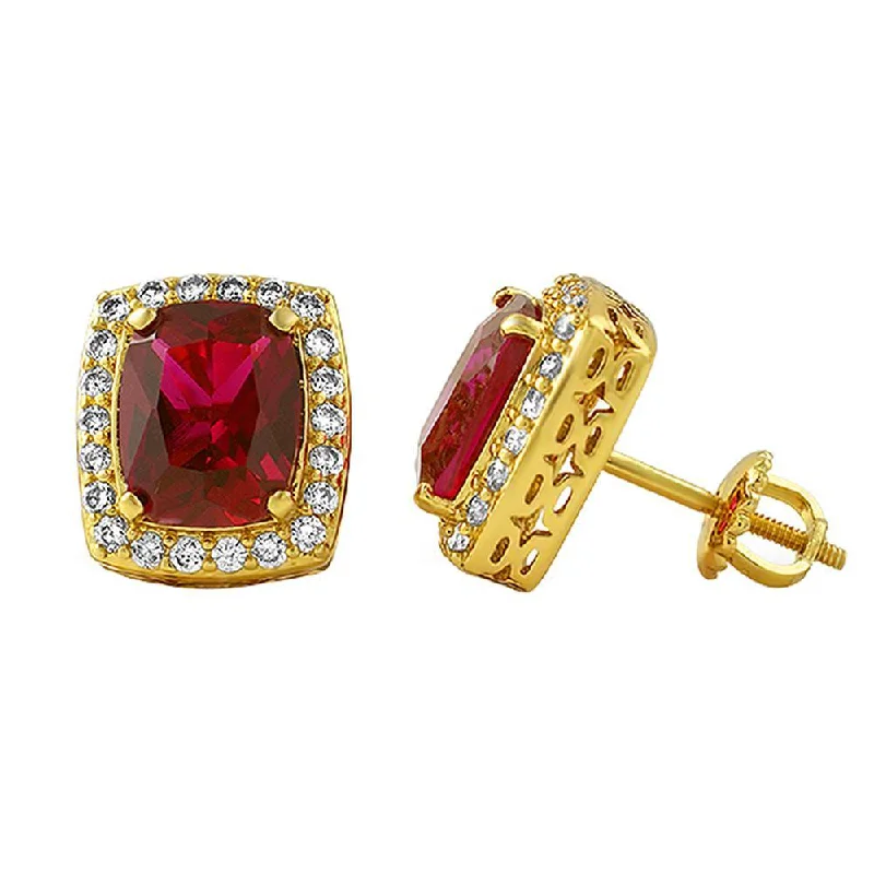 Earrings For Ear Vets-Rick Ross Style Lab Ruby Halo Gold Earrings