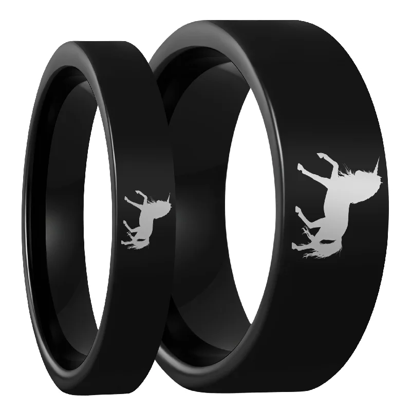 Rings For Morning Coffee-Unicorn Black Tungsten Couple's Matching Wedding Band Set