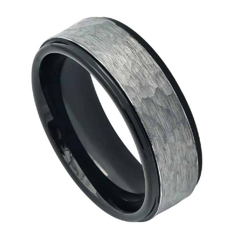 Rings For Fringe Flair-Hammered Brushed Tungsten Men's Wedding Band with Black Interior