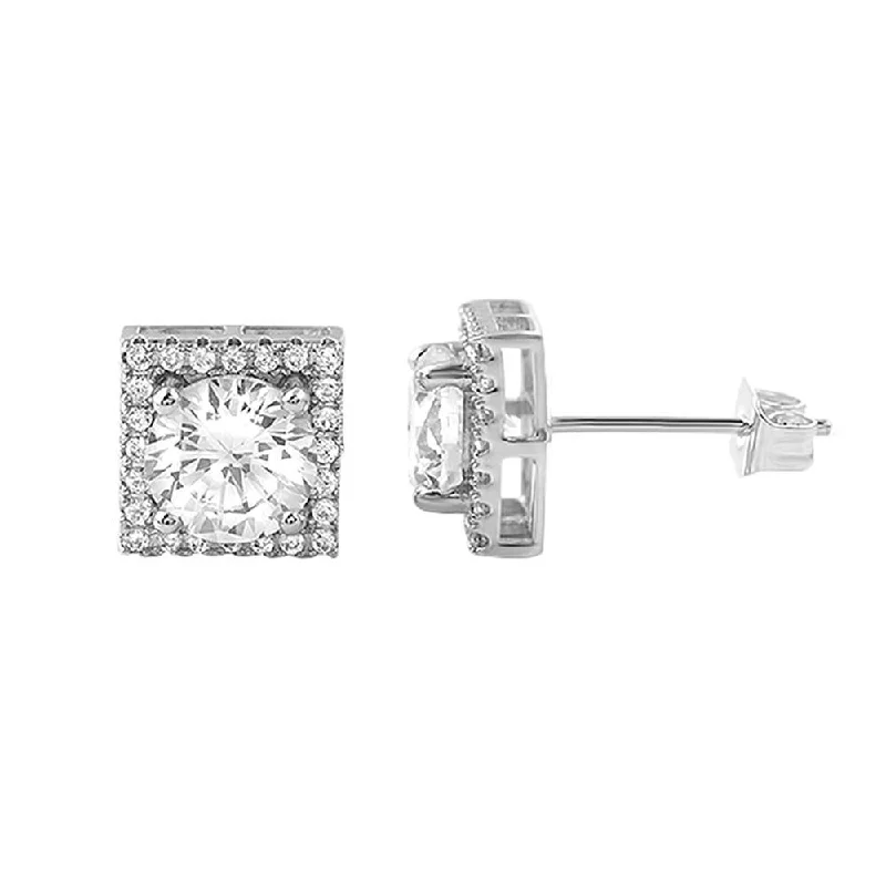 Refined Earrings For Class-Square Halo Iced Out CZ Rhodium Earrings