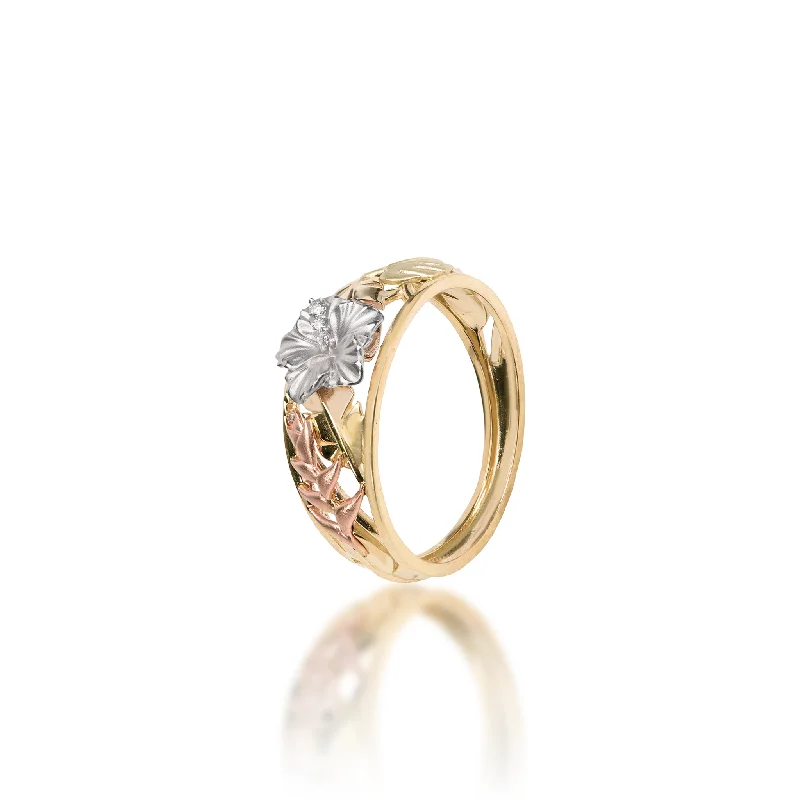 Rings Forging Stories-Hawaiian Gardens Hibiscus Ring in Four Tone Gold with Diamonds - 8mm