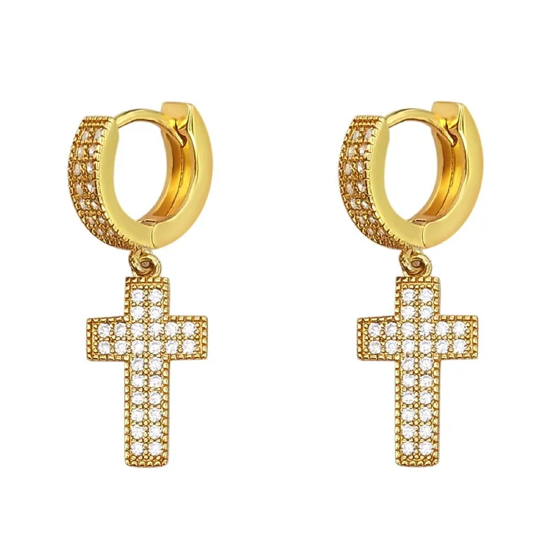 Earrings Look Tips-2 Row Tennis Cross Dangling Huggie Hoop CZ Iced Out Earrings .925 Silver