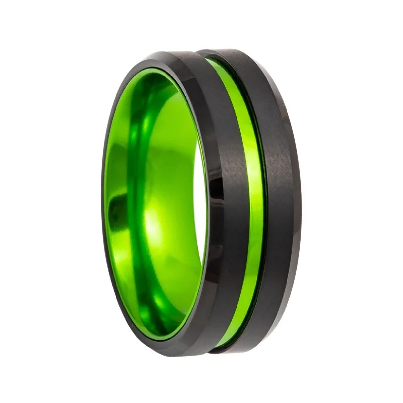 Rings For Dune Gleam-Black Tungsten Men's Wedding Band with Green Groove