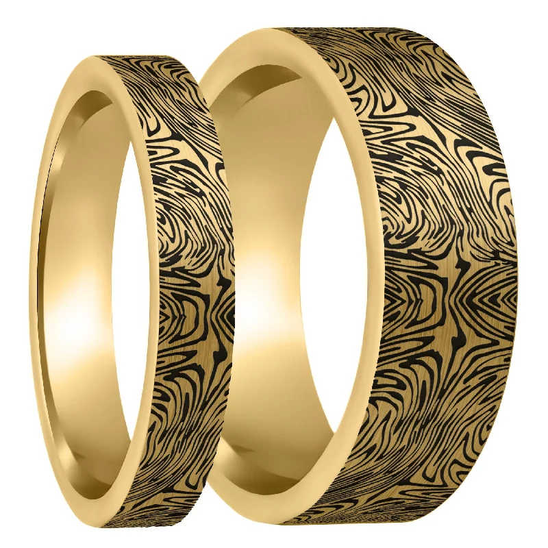 Rings For Nomadic Flair-Damascus Steel Pattern Engraved Brushed Gold Tungsten Couple's Matching Wedding Band Set