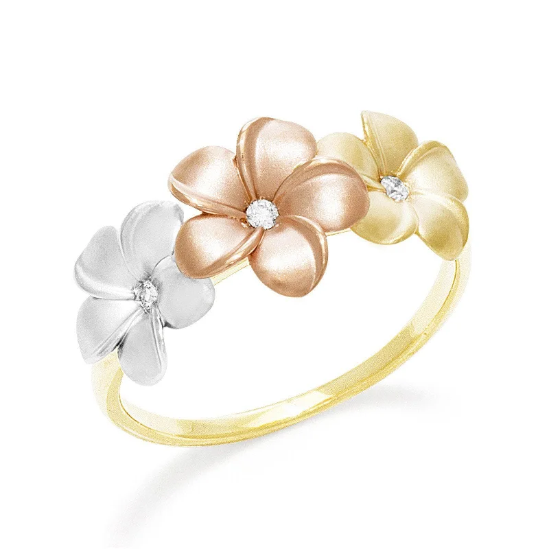 Rings For Porcelain Glow-Plumeria Ring in Tri Color Gold with Diamonds - 10mm