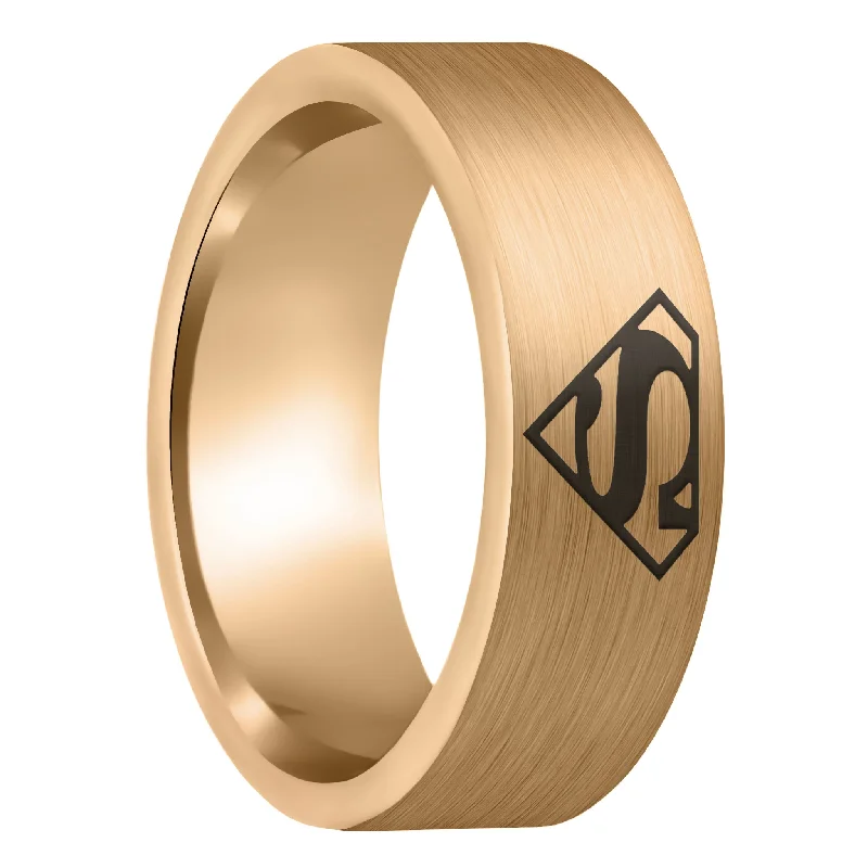 Rings For Headband Accents-Superman Brushed Rose Gold Tungsten Men's Wedding Band