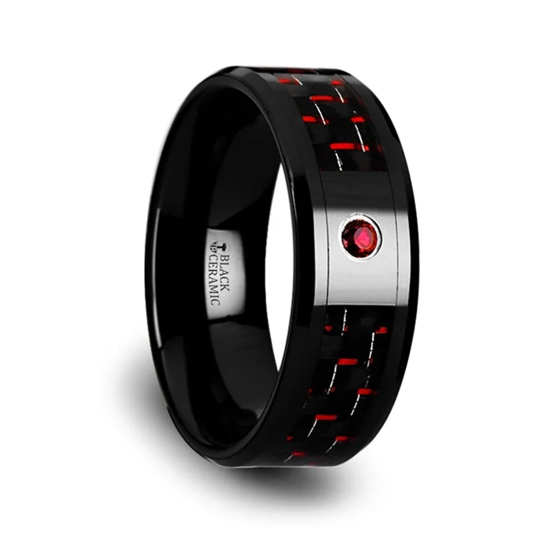 Lean Rings For Finesse-Black Ceramic Men's Wedding Band with Black & Red Carbon Fiber Inlay and Ruby