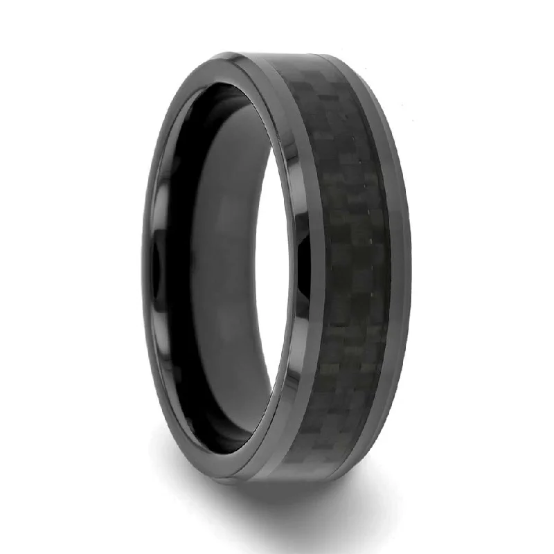 Rings For Mountain Treks-Black Ceramic Men's Wedding Band with Black Carbon Fiber Inlay