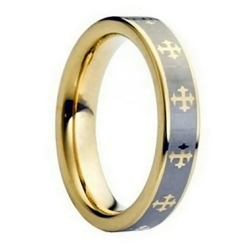 Rings For Intimate Vibes-Gold Cross Engraved Tungsten Men's Wedding Band