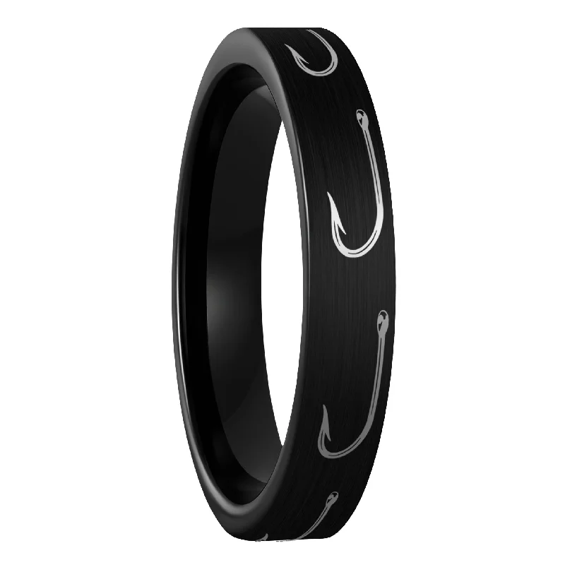 Rings For Mellow Shine-Fishing Hook Brushed Black Tungsten Women's Wedding Band