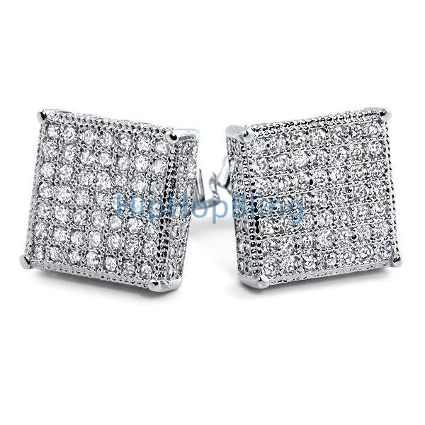 Earrings Glaze Tips-3D Box XL CZ Micro Pave Bling Bling Earrings