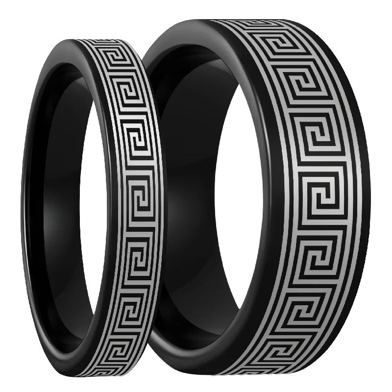 Rings For Wanderlust Souls-Greek Key Black Tungsten Couple's Matching Wedding Band Set