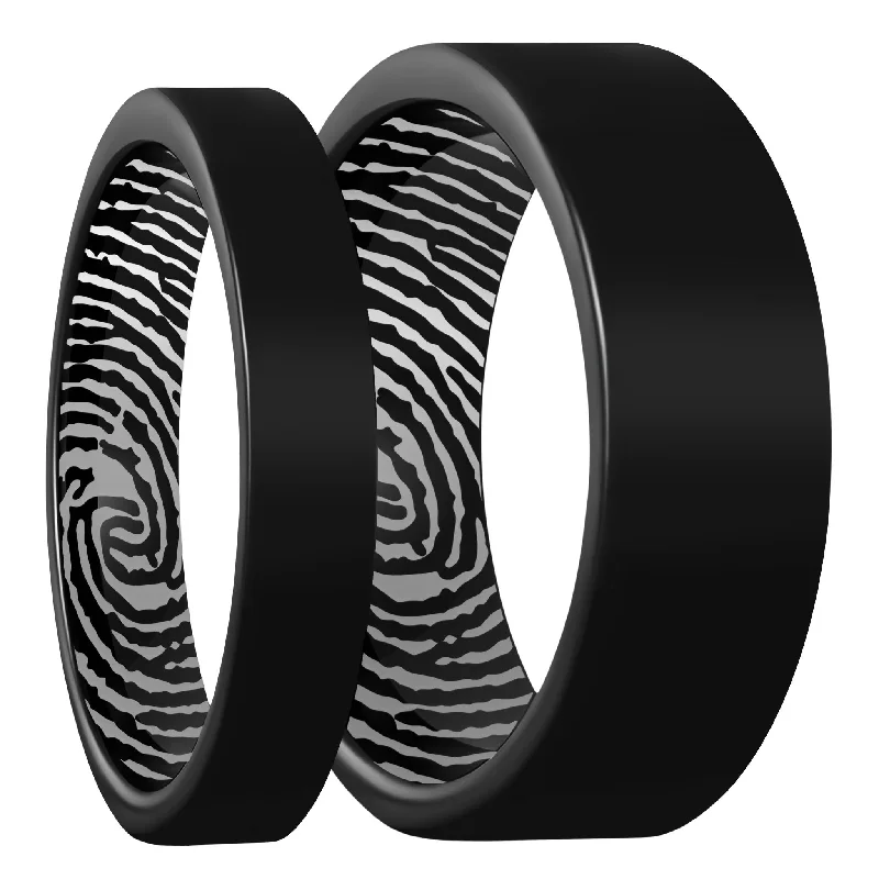 Rings For Fireside Gatherings-Custom Inside Fingerprint Black Tungsten Couple's Matching Ring Set