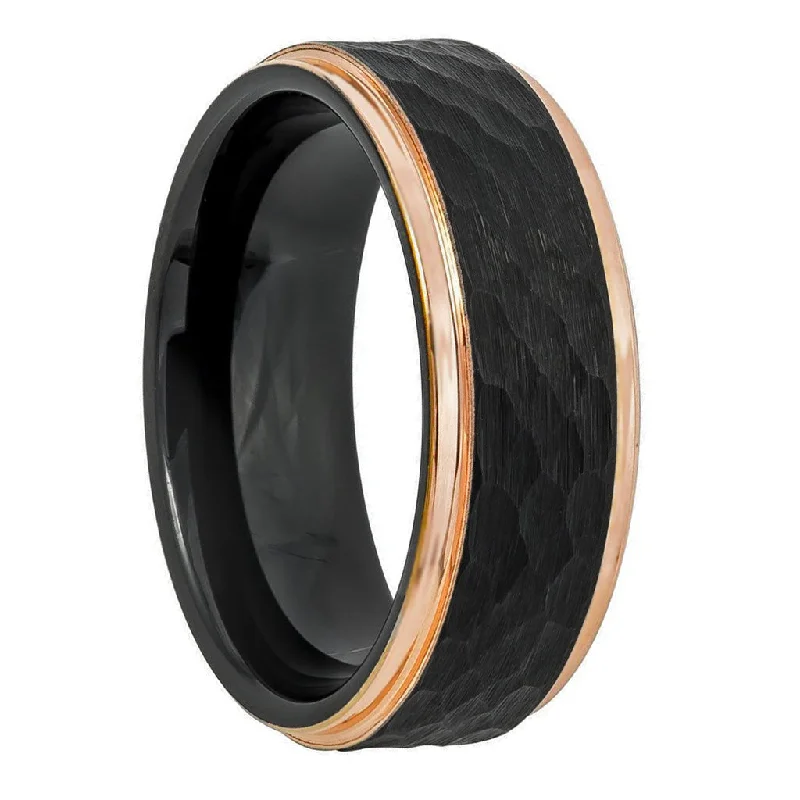 Rings Luster Revamp-Hammered Black Tungsten Men's Wedding Band with Rose Gold Edges