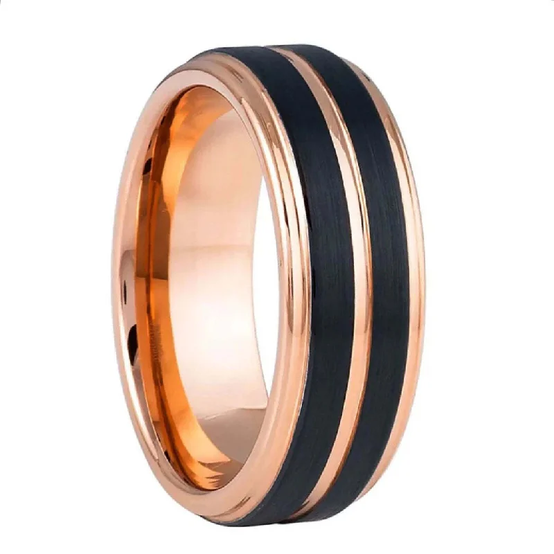 Elite Rings For Instant Glam-Dual Black Grooves Rose Gold Tungsten Men's Wedding Band