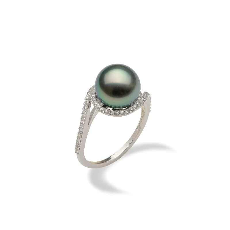 Rings For Mixed Charms-Tahitian Black Pearl Ring in White Gold with Diamonds - 9-10mm